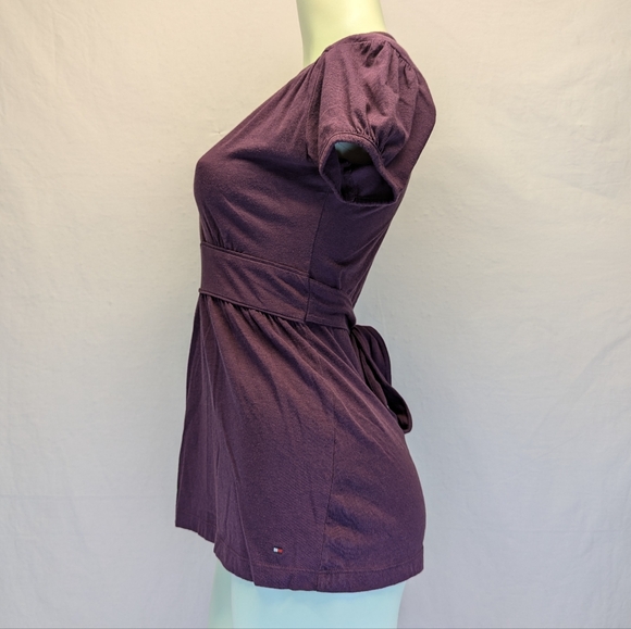 Tommy Hilfiger Flared Plum V-Neck Blouse Empire Tie-Back Waist Vintage TH Purple - Picture 2 of 12